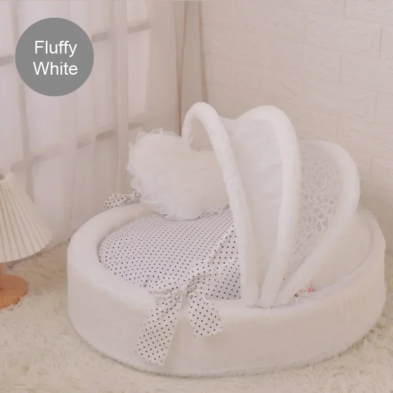 

Fluffy Winter Warm Pet Cradle Bed with Fleece Plush Fuzzy Velvet Dog Cat Puppy Kitten Princess Bed Sofa Cushion White Dot