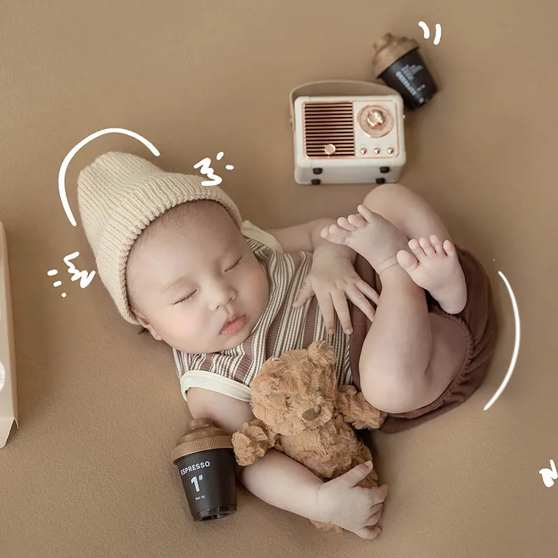 Maillard-Chapeau en Y à rayures et mini radio pour bébé, accessoire de photographie pour nouveau-né, 3 pièces/ensemble