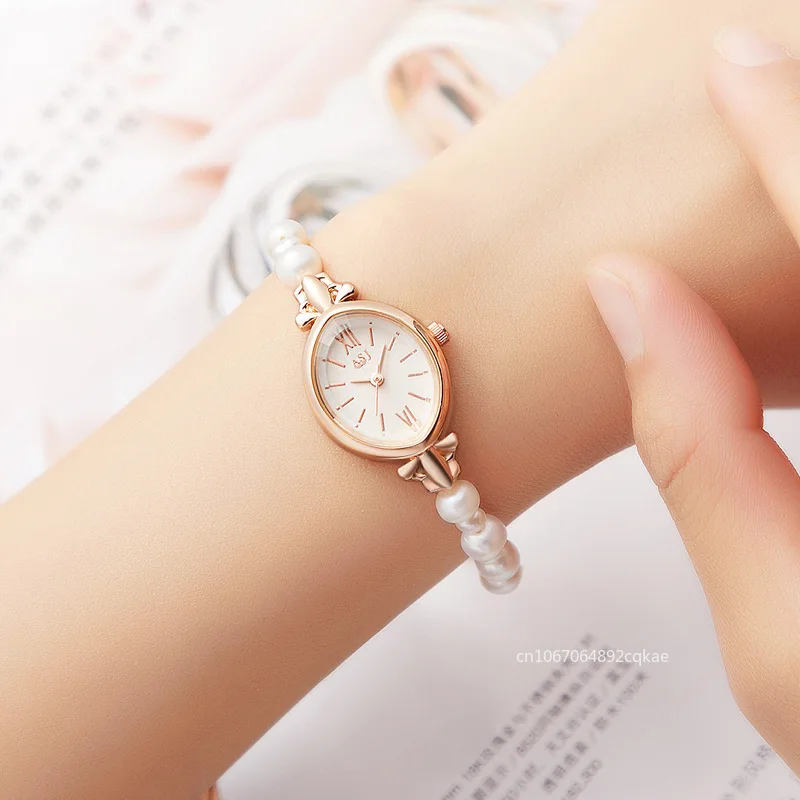 Women Watch Beaded Bangle Set for Girls Luxury Pearl Bead Bracelet Clock Female Ladies Jewelry Fashion Quartz Wristwatch