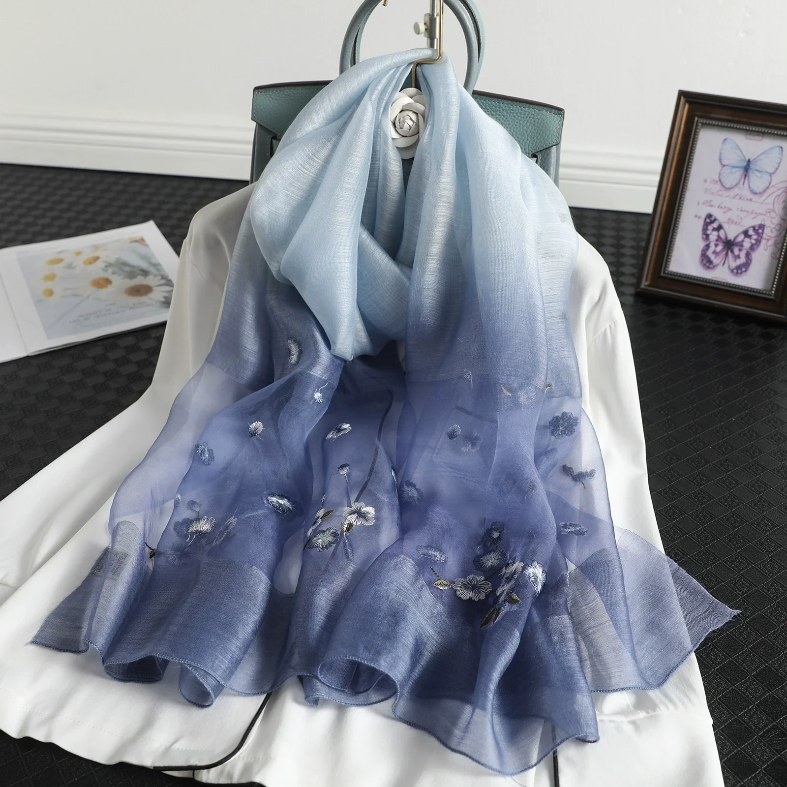 

New Silk Hand-Embroidered Scarf Fall/Winter New Arrival Silk-like Scarf Elegant and Versatile Decorative Shawl Wholesale