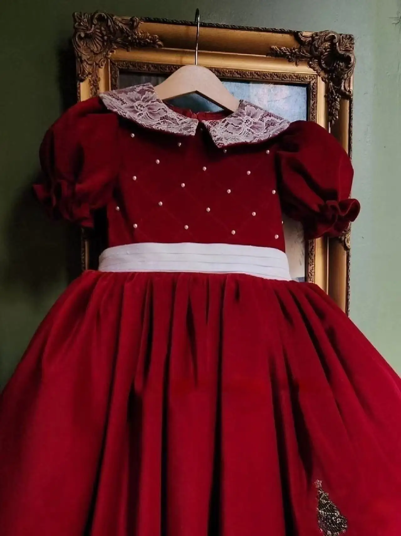 

0-12Y Baby Girl Autumn Christmas tree Embroidery Pearl Red Velvet Dress for Birthday Holiday Photography Casual Christmas C300