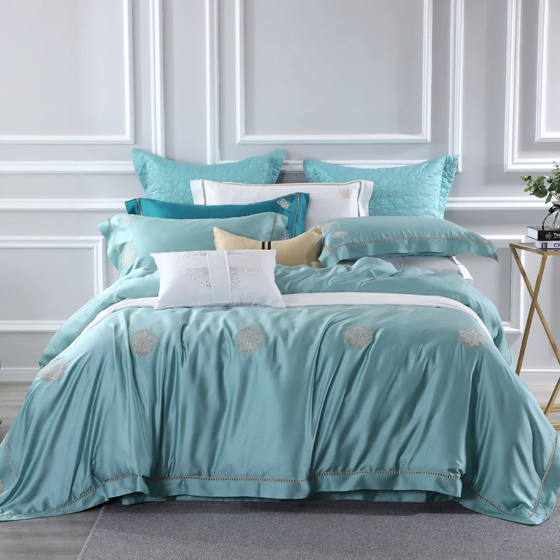 Summer Green Bedding Sets Cool Sleep 1000TC Yarn-Dyed Lyocell Fibre Embroidery 4/7Pcs Silky Soft Duvet Cover Sheets Pillowcase