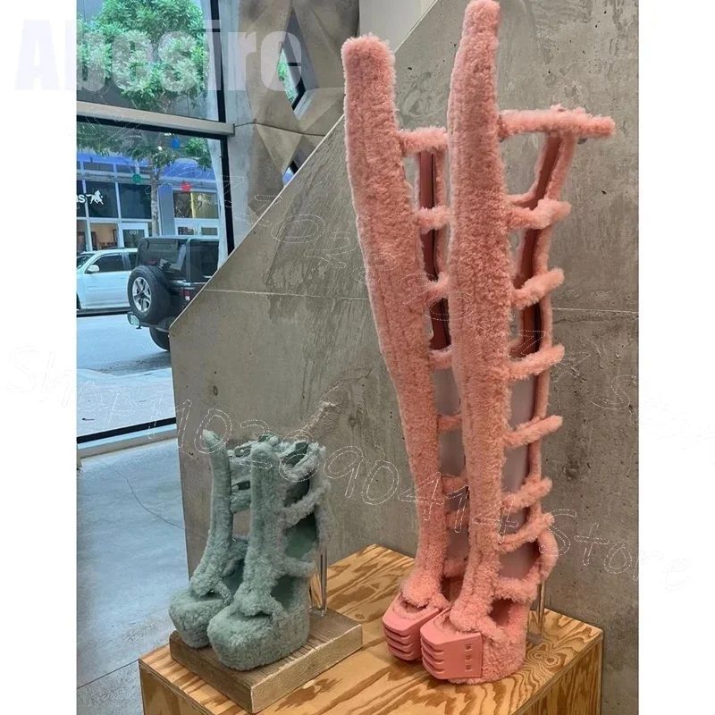 Sandálias de salto transparente com design oco de lã de cordeiro botas com zíper traseiro sapatos femininos de salto alto grosso festa pista 2025 zapatos para mujere