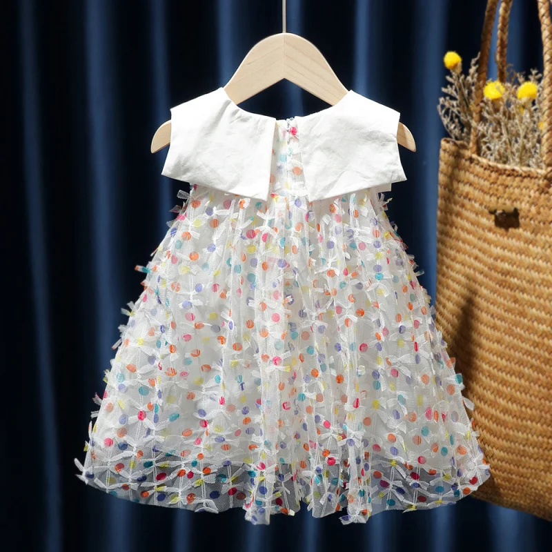 Summer New Girls' Dress Rainbow Dots Mesh Princess Dress Dress Trendy Hair Generation