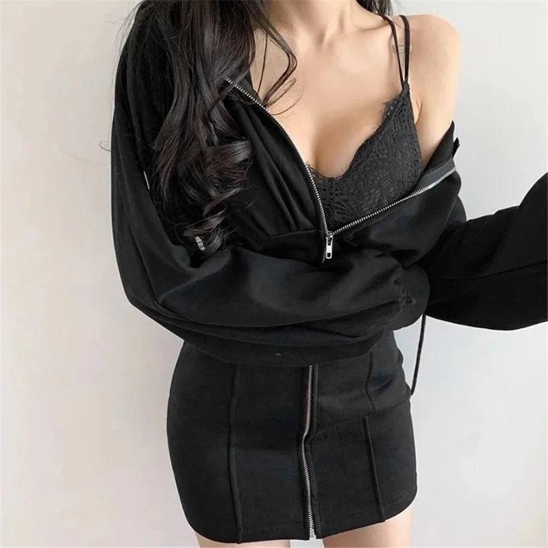 Women Fashion Casual Autumn Winter Warm High Waist Long Sleeve Girl Tummy Control Hooded Side Pockets Front Zipper Dress Grey