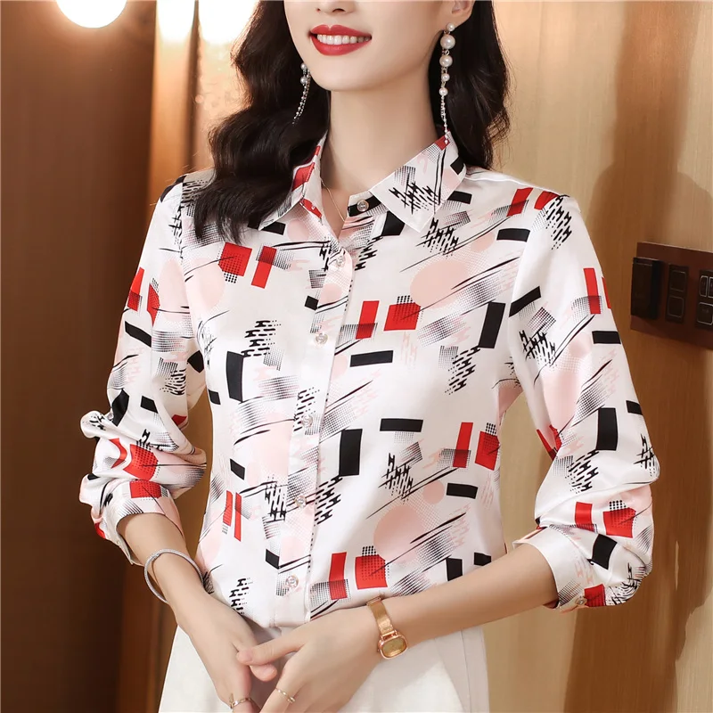 

Shirt Women Spring New Fashion Print Classic Turn-Down Collar Mulberry Silk