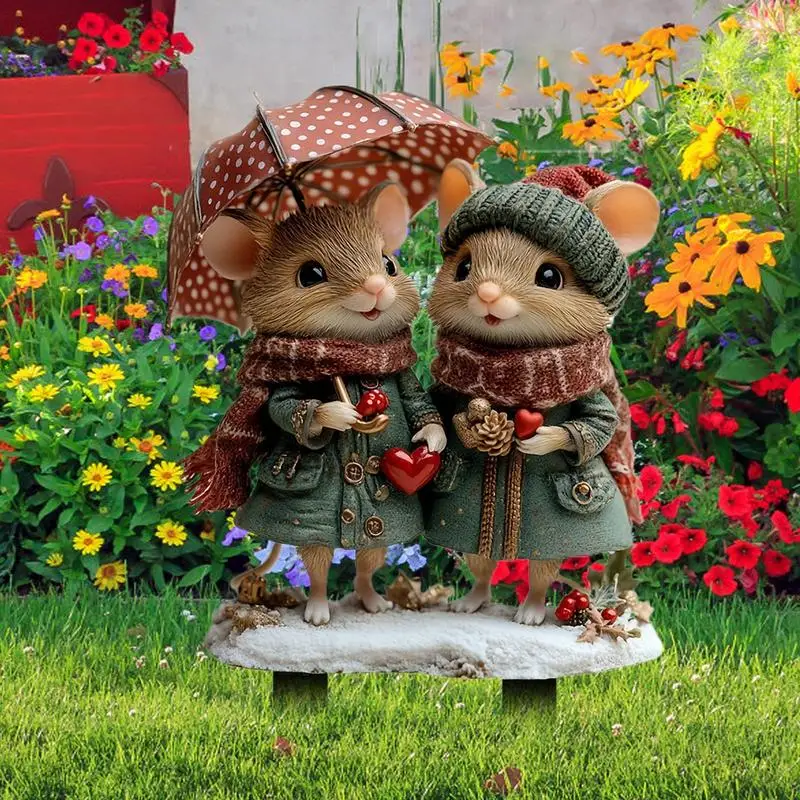 Squirrel Garden Stake 2D Valentine's Day Animal Yard Signs With Stakes Squirrel Lover Stake With Umbrella Scarf For Valentine's