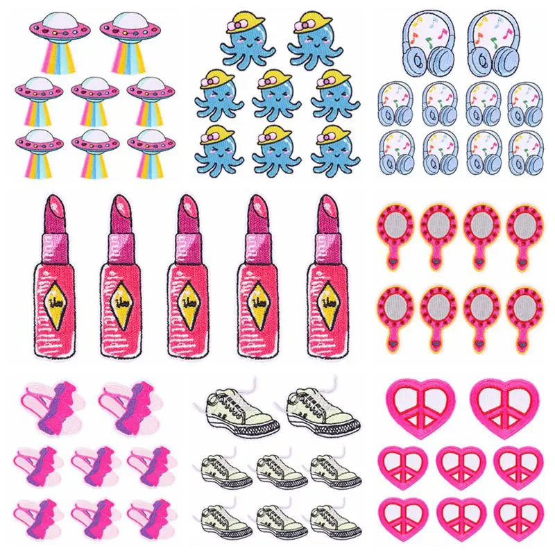 10PCS Wholesale Cartoon Lipstick Mirror Embroidered Patches On Clothes Heart Patch Iron On Patches For Clothing Sewing Stickers