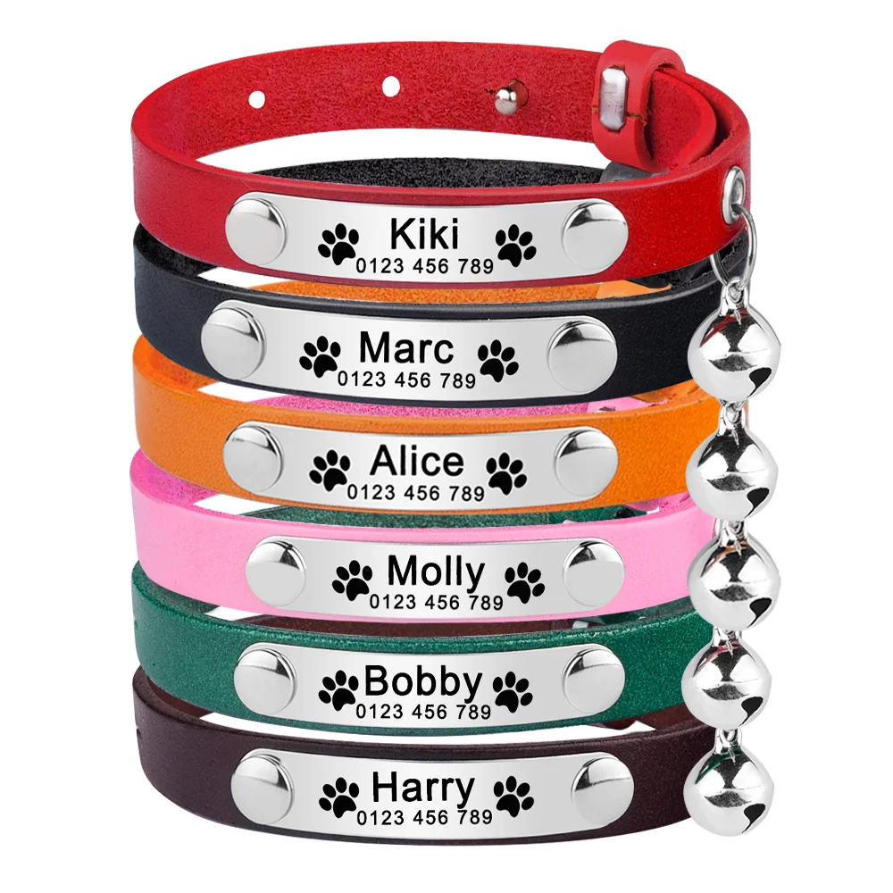 Engraved PU Leather Cat Collar Waterproof Personalized Free Custom Name Adjustable Collars Anti-lost Pu Customized Cat Accessory