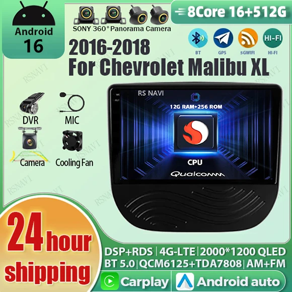 Radio para Auto con Android 16, Carplay, Qualcomm, Pantalla QLED 2K, Reproductor para Chevrolet Malibu XL 2016-2018, GPS, Estéreo, Wifi, Multimedia, Bluetooth