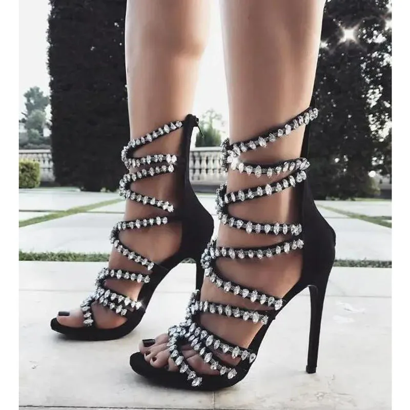 

Bling Rhinestone Cross Cutout Sandals Open Toe Thin High Heels Zipper Back Women Gladiator Glitter Crystal Banquet Shoes