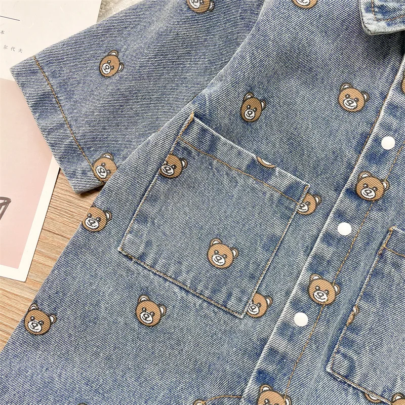 Infant Baby Romper Denim Bear Print Long Sleeve Cowboy Fall Newborn Boys Soft Jumpsuit Fashion Toddler Clothing Ruffles Overalls