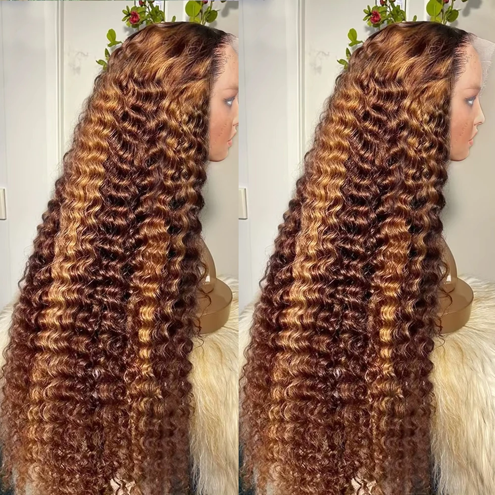 200 밀도 하이라이트 13x6 HD 레이스 프론탈 가발 30인치 딥 웨이브 옴브레 인모 가발 13x4 스트레이트 인모 가발 (여성용)