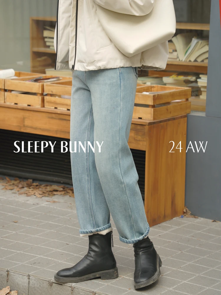 

Fleece Lined Straight Jeans Winter Thick Washed Denim Pants Women Retro High Waist Slimming Cropped Bottoms Casual Warm Trousers