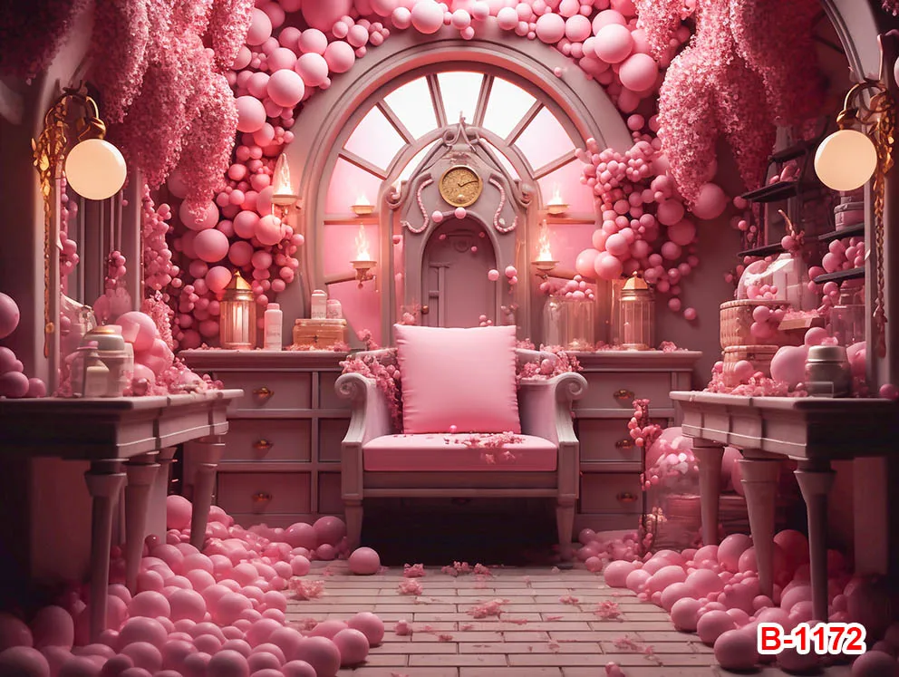 خلفية التصوير الفوتوغرافي لحفلة عيد ميلاد الفتاة ، بألوان بيضاء وردية للأميرة ، طاولة كيك ، حفل زفاف ، استحمام الطفل