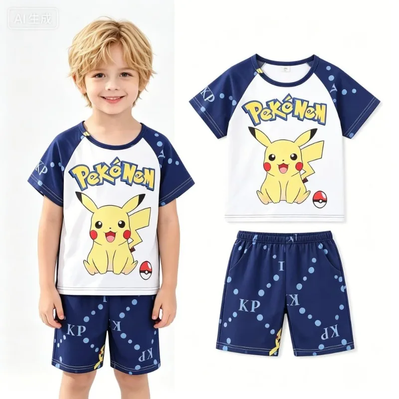 Conjuntos a juego de Pokémon Pikachu, conjunto de pijamas de 2 piezas para niños y niñas, camiseta de manga corta y pantalones cortos, ropa de verano con dibujos animados
