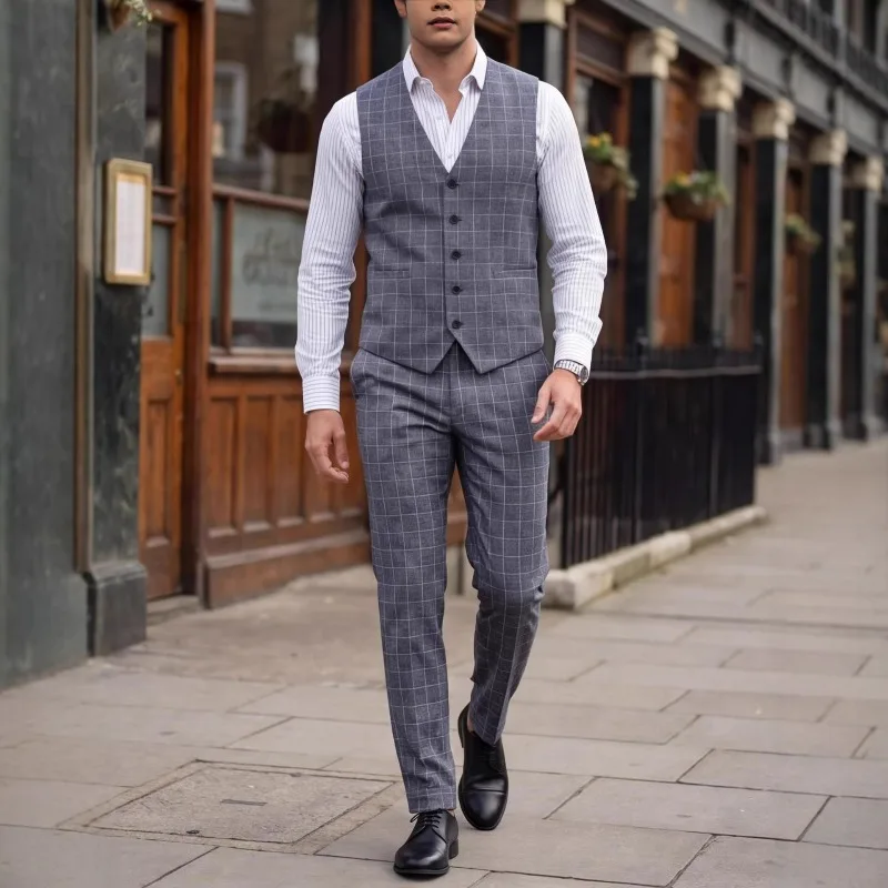 

KIDWHXR Man 2-piece Outfit Single-breasted Vest Male Straight -leg Pant Men Fashion Slim Plaid Business Wedding Male Suit Set