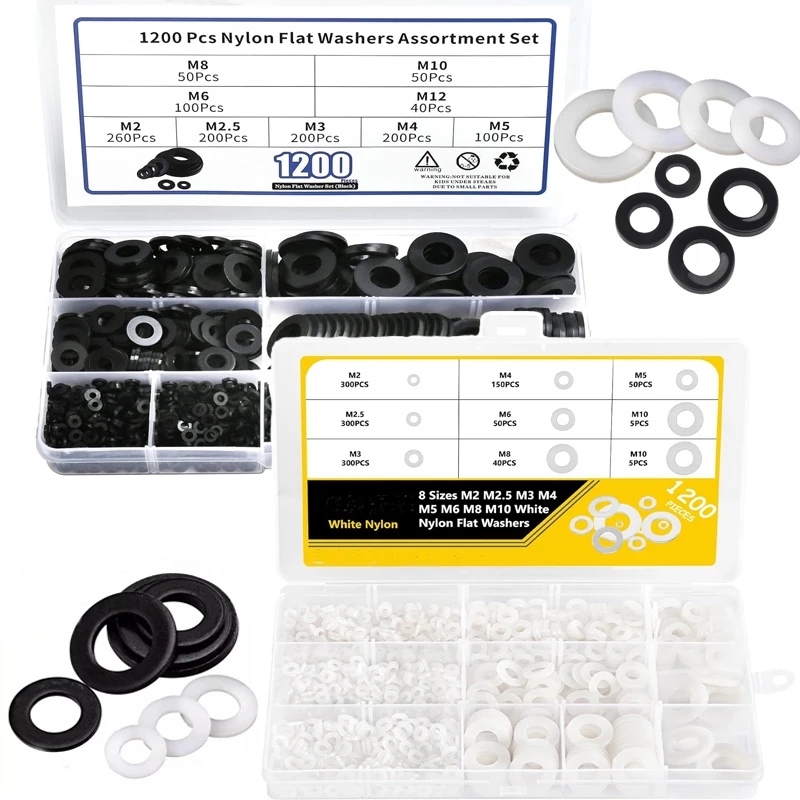 

1200 шт., черно-белая пластиковая нейлоновая плоская шайба, простая прокладка, изоляционное прокладочное кольцо, набор шайб M2-M10, ассортиментный комплект