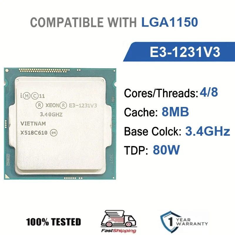 Intel Xeon E3-1231V3 4 núcleos 8 hilos 3,4 GHz 80 W 8 MB de caché 22 nm LGA 1150 SR1R3 DDR3 1333/1600 MHz Haswell