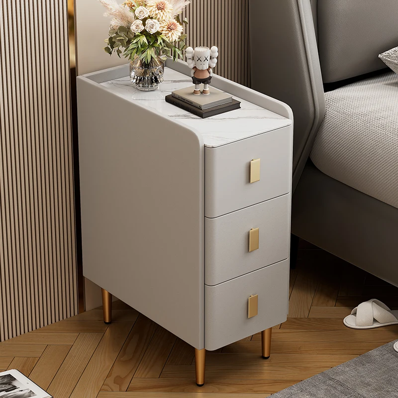 Modern Luxury Wooden Nightstand Smart Bedside Table Narrow Slate for Small Apartment Bedrooms