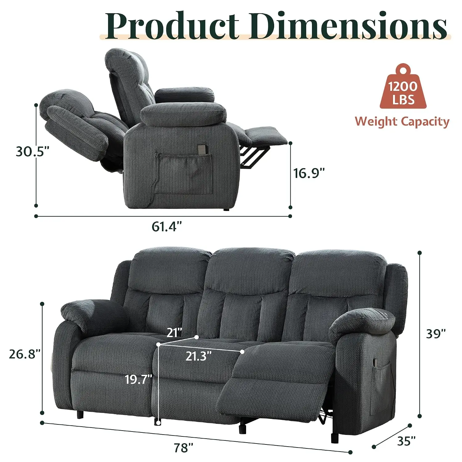 Power Reclining Sofa With Dual Wingback, 3 Seater Living Room Furniture, Dark Gray, Customized