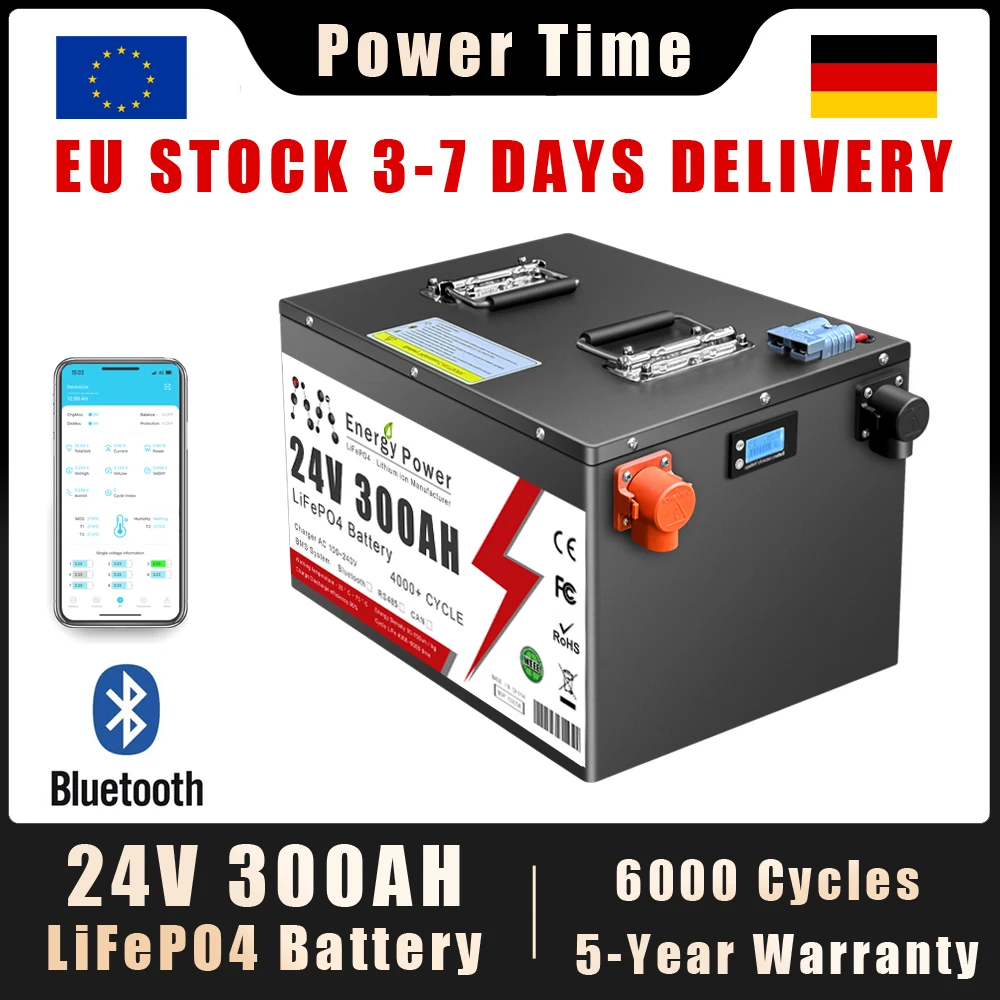 

EU Stock LiFePO4 24V 300Ah 200Ah 100AH LiFePO4 Battery Built-in Bluetooth BMS 6000+ Cycles For Home RV Solar Off-Grid Camper