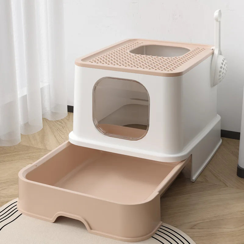 Large Space Cat Litter Box Pet Litter Basin Top Exit with Tray Cat Toilet Litter Box Closed Sandbox