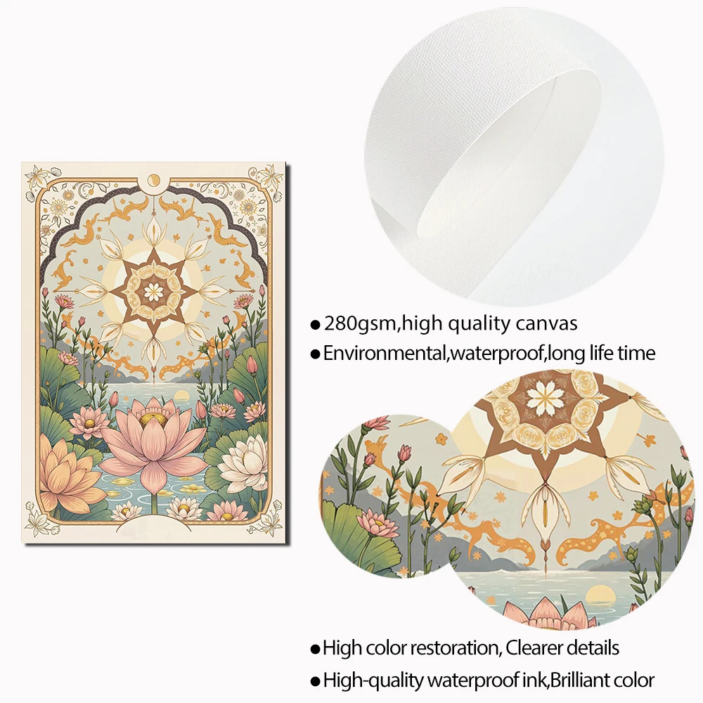 1PC frameless decorative art print,Boho Vintage Floral Star Tarot Card Art Prints Celestial Lotus and Sun Wall Canvas Painting F view 5