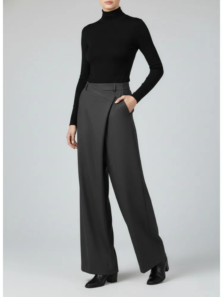 미수오 2026 신상 여성 와이드 레그 테일러드 팬츠 다크 그레이 랩 웨이스트 비즈니스 캐주얼 럭셔리 워크웨어 팬츠 비대칭 바텀