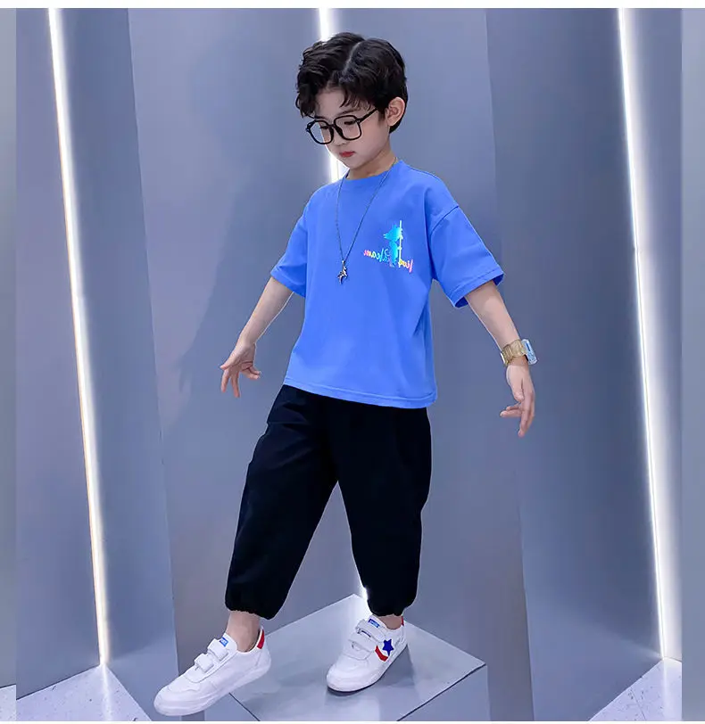 Children\'s Suit Boys Summer Short Sleeve T-Shirt Pants 2 Piece Teenage Boys Sports Casual Clothes Set 3 5 8 10 12 13 15Y