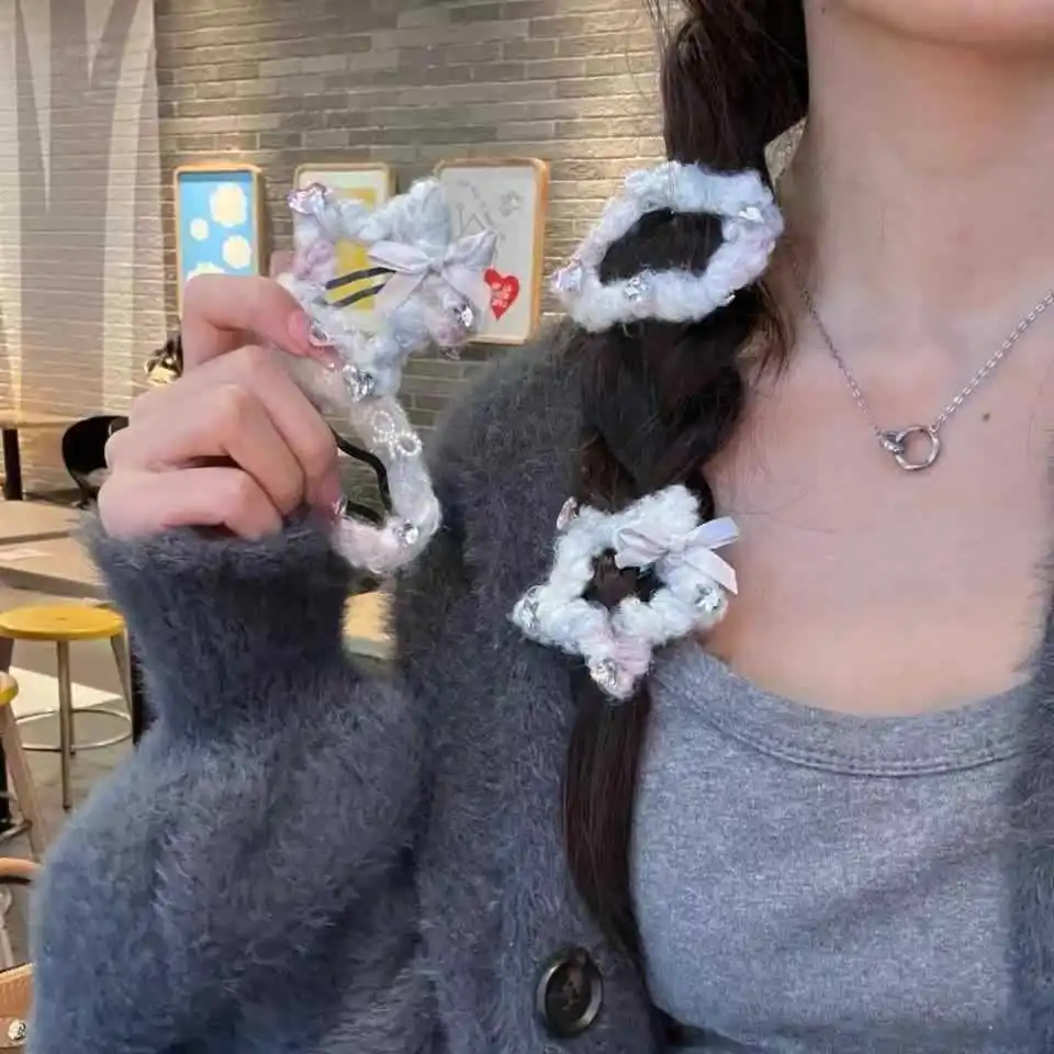2 Pcs Ladies' Hair Clips Set Korean Cute Star Bow BB Clips Plush High-quality Hair Accessories Kawaii Sweet Cloud Rhinestone