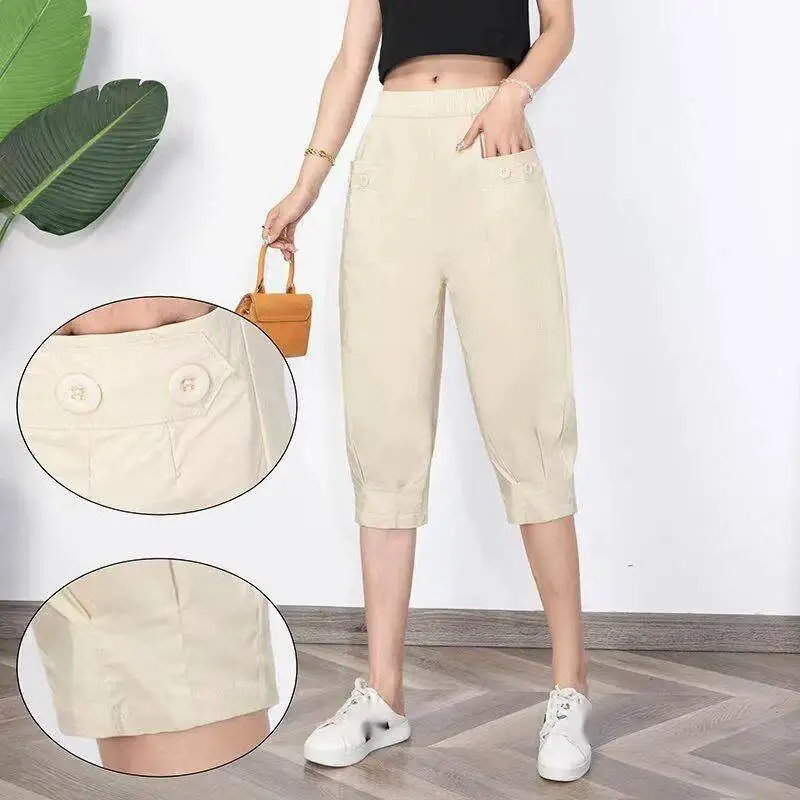 Women Capris Pants  2025 Summer Casual Loosesolid Color Calf-Length Pants Fashion Large Pocket Elastic Waist Harem Pants