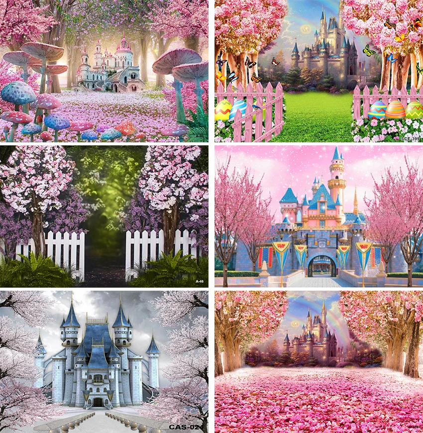 Cinderella Princess Blue Castle Palace Cherry Blossoms Tree Garden Hallway Background Computer Print Party Photo Backdrop