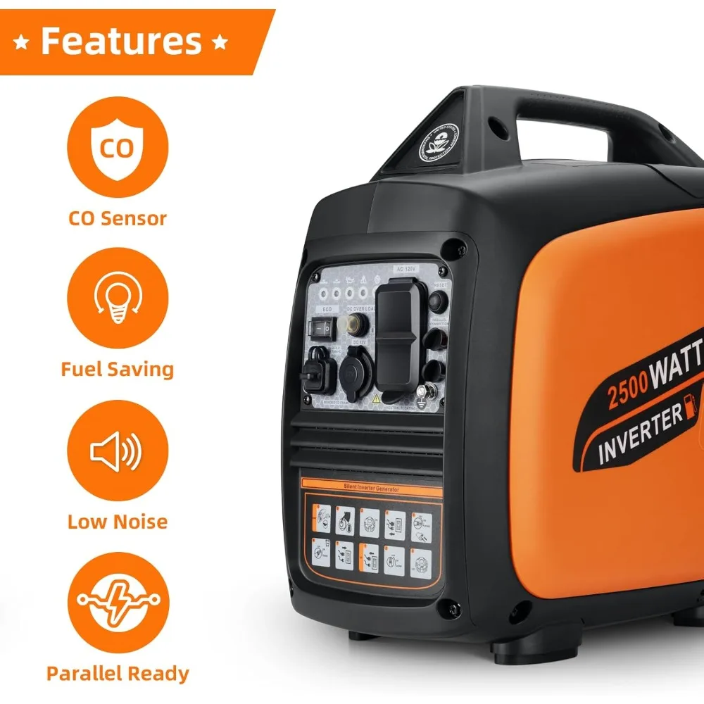 Restaurant /Portable Inverter Generator 2500W Gas Powered, Long Runtime Gas Generators for Home Use, Camping, Super Quiet - New