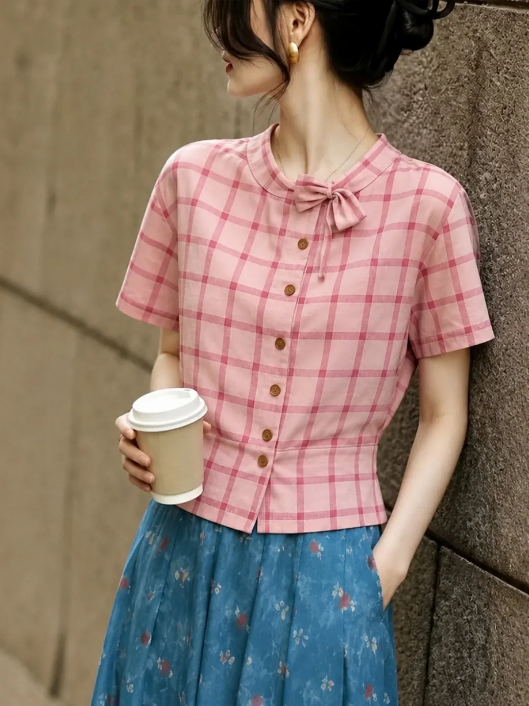 

Korean Style Sweet Color Block Plaid Shirt Short Sleeve Women's Fashion Slimming Summer Top Button up Silk Blend Commute Wear