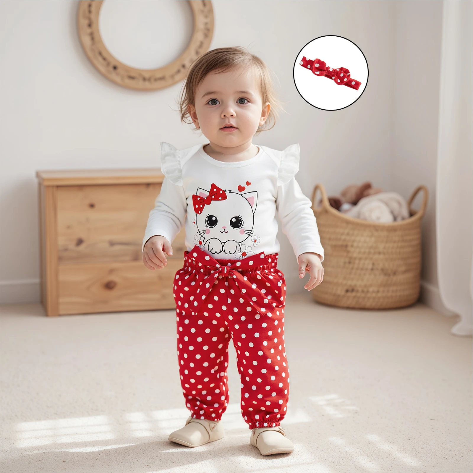 

Baby Clothing Girls Fall Outfit Cat Print Long Sleeves Romper and Elastic Belted Dot Pants Headband Set Cute Clothes