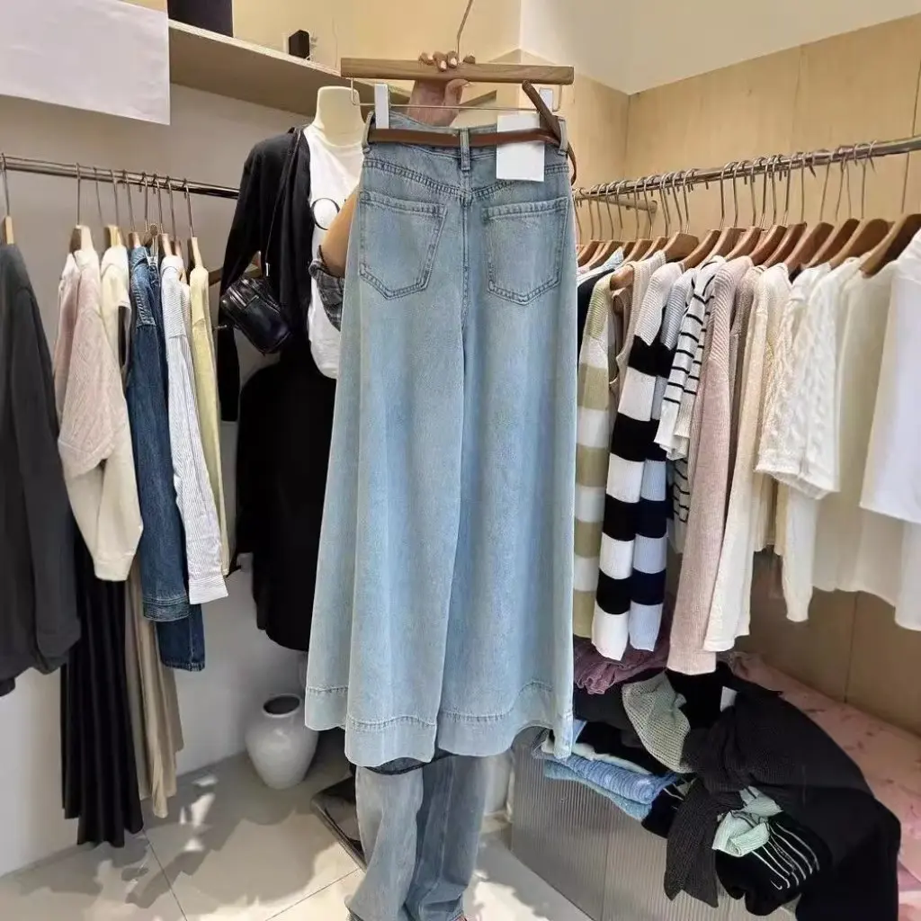 

Прямые джинсы с высокой талией в корейском стиле, женские свободные утягивающие широкие брюки, осенняя новая мода, стираный эффект