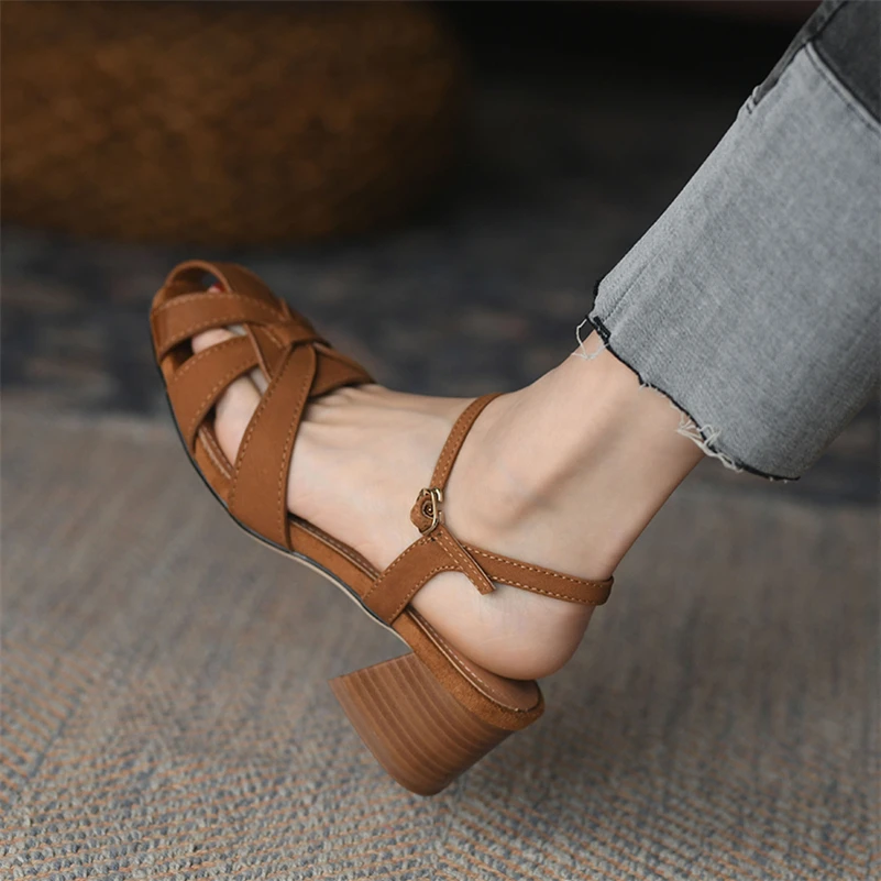 Meotina Women Genuine Leather Round Toe Sandals Thick Mid Heel Narrow Band Buckle Ladies Fashion Casual Shoes Summer Spring