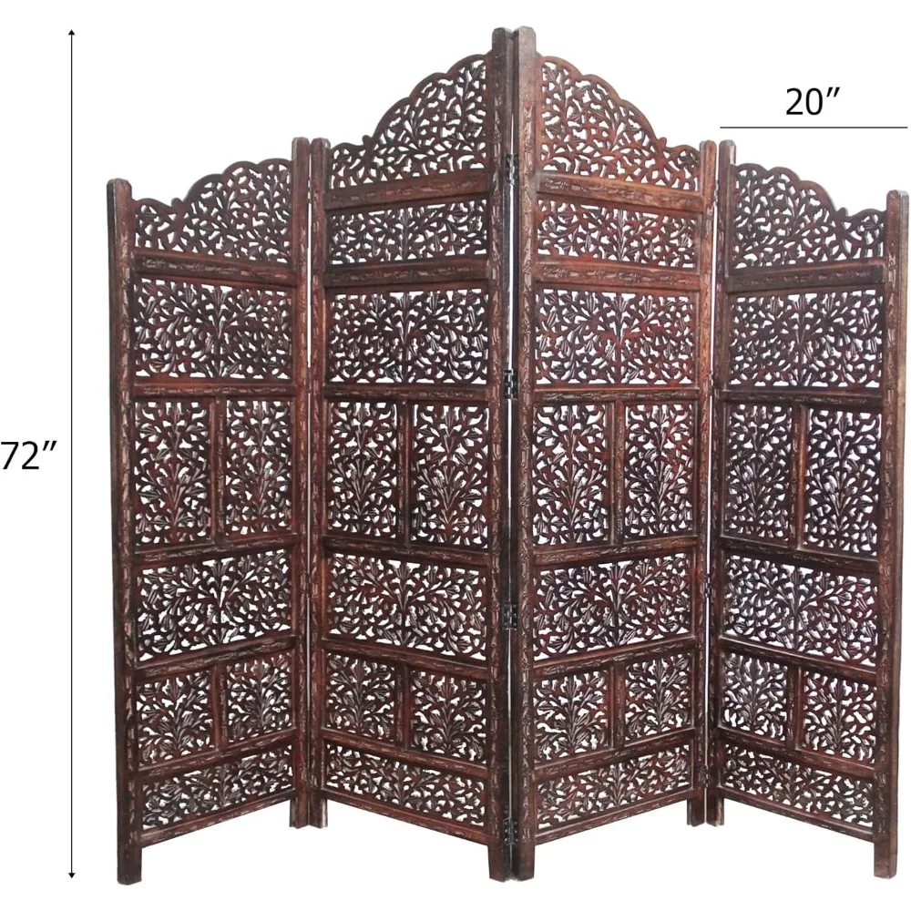 Room Divider Wood Screen Scroll Antique Brown 4 Panel Folding 72x80 Wooden Hand Carved Floor Screen Boho Decorative