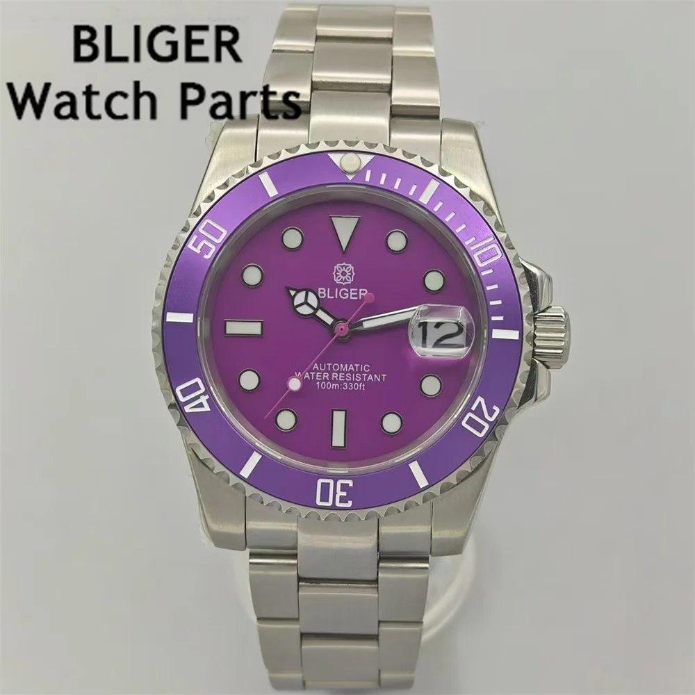 

BLIGER 40mm NH35 Watch For Men Green Luminous Purple Dial With Purple/Black Purple Bezel Sapphire Glass Date Waterproof