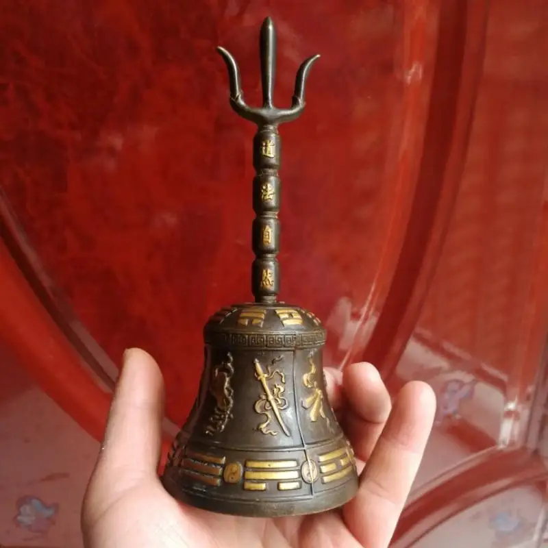 Brass Sanqing Hand Bell Trident Top Ritual Hand-Shaken Bell Taoist Ceremony Instrument Home Altar Decor Ornament