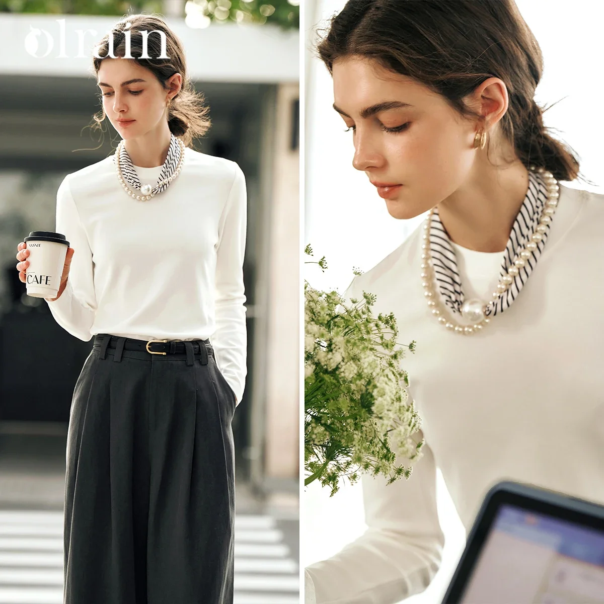 

OLrain Basics, вязаная футболка для женщин, осень 2022, прямые хлопковые однотонные футболки, шикарный шелковый шарф с жемчугом, топы с круглым вырезом M57CT95905