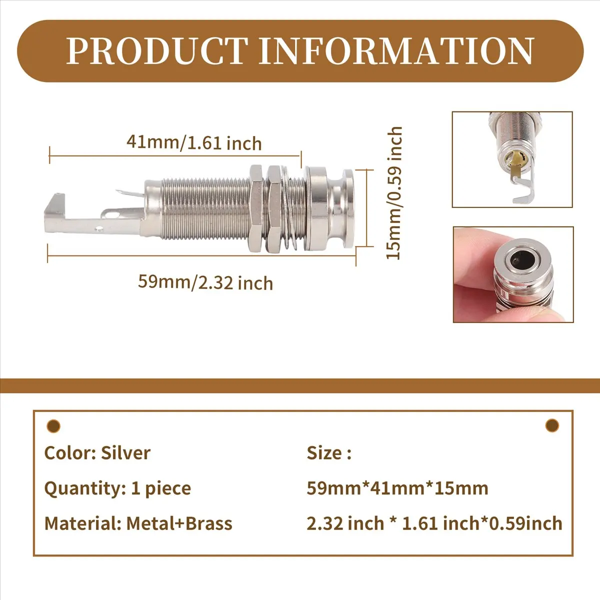 (AD10) A1347 1 Piece Guitar Bass End Pin Output Jack 1/4 inch Mono or Stereo Applications Silver