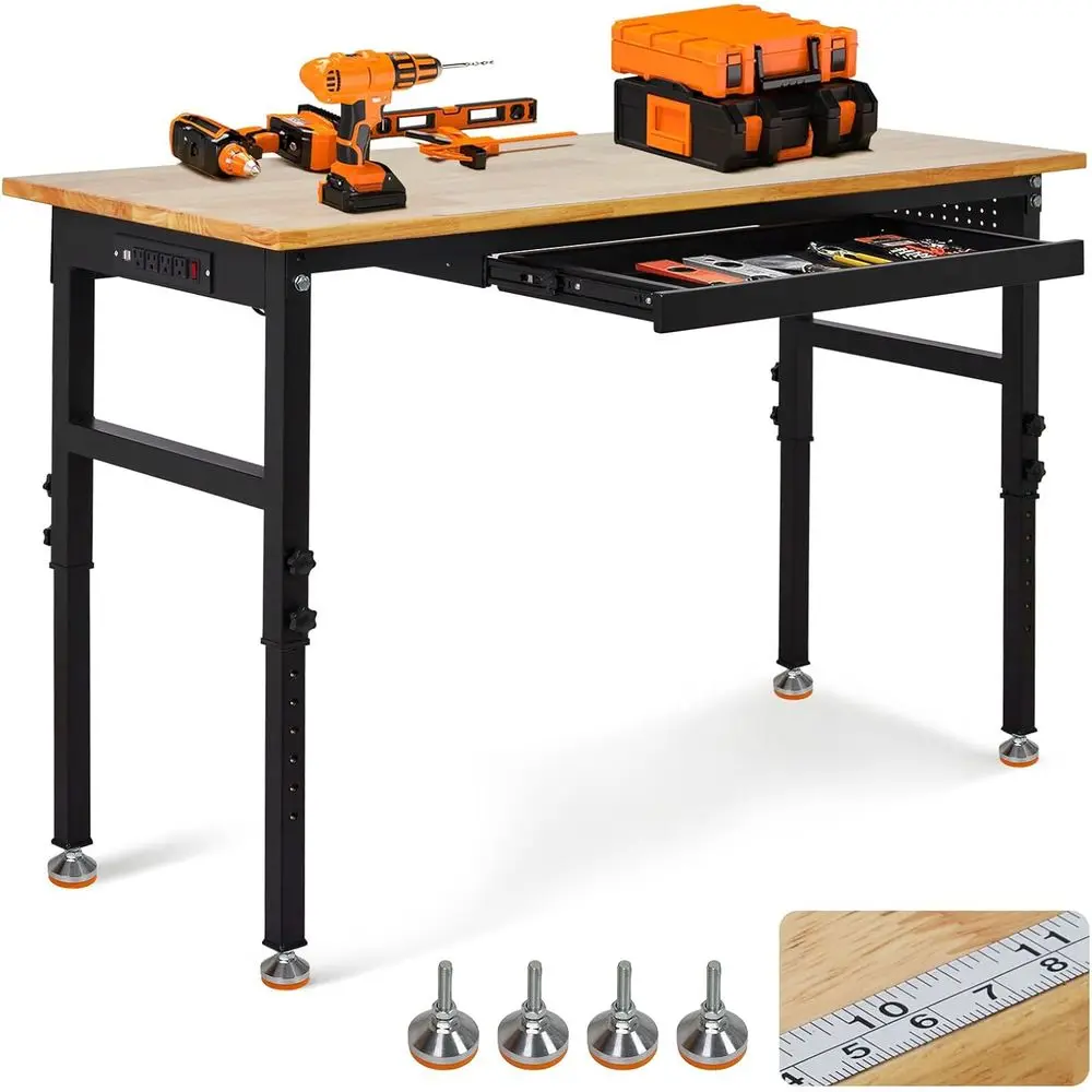 

60" Adjustable Workbench with Drawer, 2000 LBS Heavy Duty Work Bench with Power Outlet and Fixed Legs, Sturdy Steel Frame with R