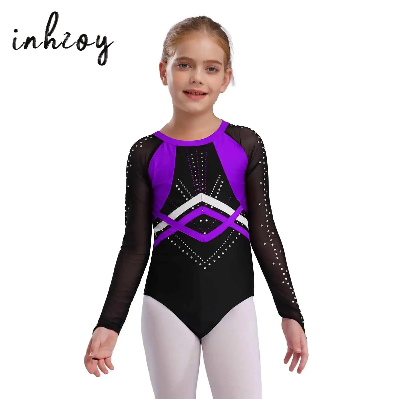 

Kids Girls Shiny Rhinestones Gymnastics Leotards Sheer Mesh Long Sleeve Color Block Patchwork Bodysuit Figure Skating Unitards