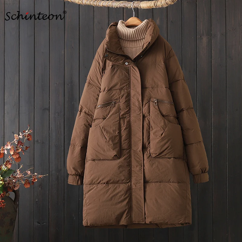 

Schinteon Women Down Long Jacket Stand Collar Over Size Casual Warm Autumn Winter Outwear White Duck Down Thick Coat 2024 New