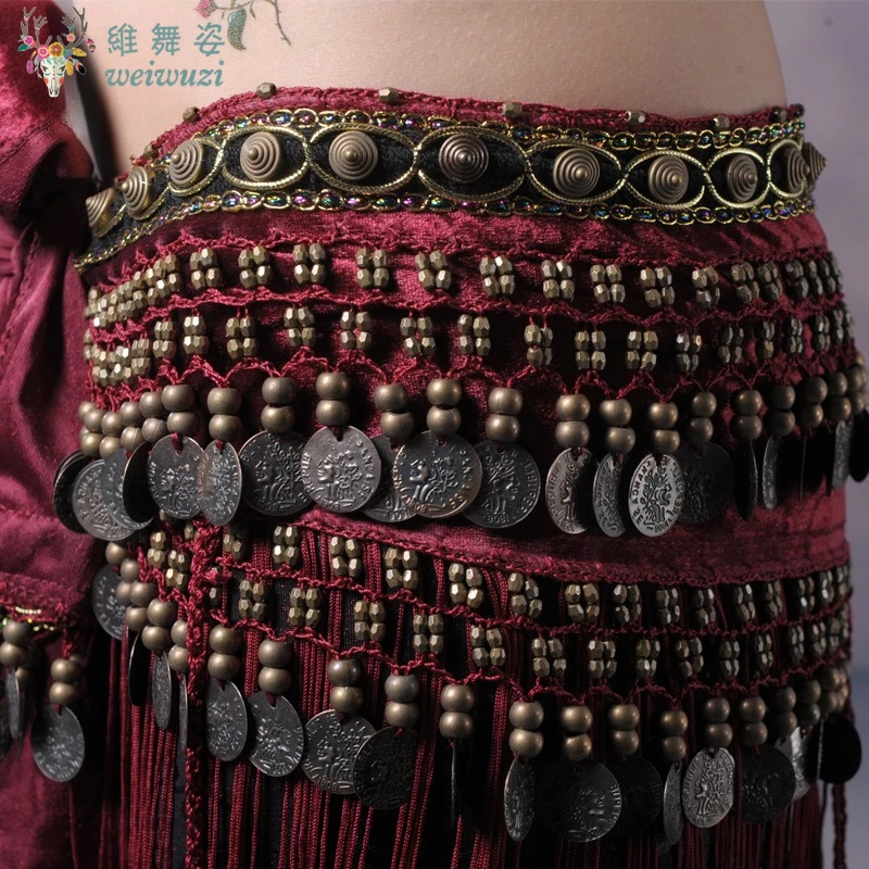 Women Tribal Odinalei Belly Dance Hip Scarves Belly Dancing Waist Belts Hip Scarf Tribal Dance Practice Belt with Fringe Coins
