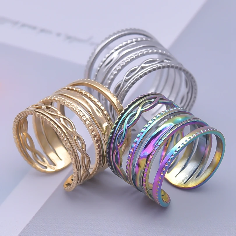 Multilayered Hollow Vintage Jewelry Finger Rings For Women Men Accessories Open  Adjustable Ring Stainless Steel Material Bagues