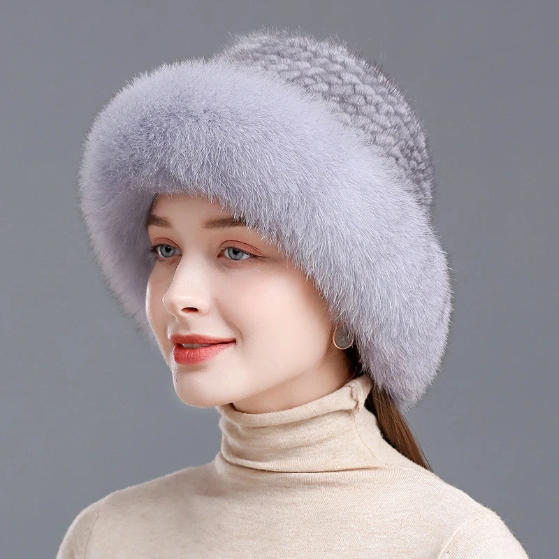 New Women Winter Luxury Knitted Real Mink Fur Bomber Hat Natural Warm Fox Fur Cap Girls Quality Soft 100% Genuine Mink Fur Hats