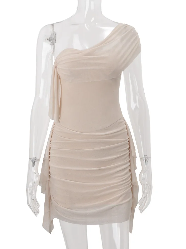 Oniflyme senza maniche in rete trasparente mini abito da donna lucido monospalla senza schienale increspato aderente partywear abiti trasparenti sexy